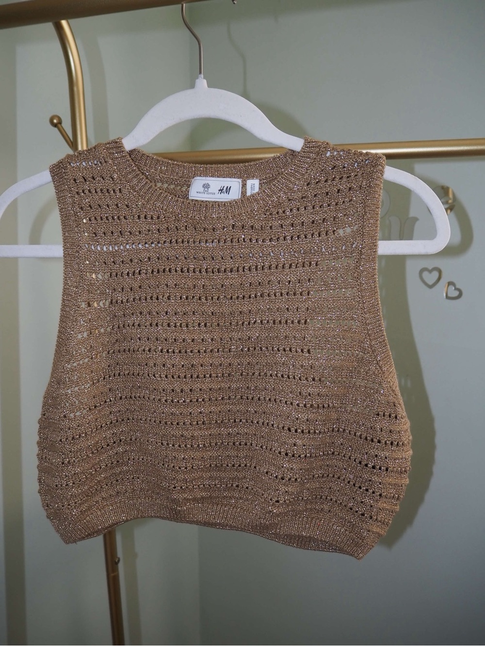 H&M x The White Lotus Bronze Gold Metallic Open Crochet Knit Tank Top